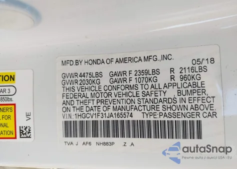 2018 Honda Accord Sport из США, поврежденный, VIN 1HGCV1F31JA165574